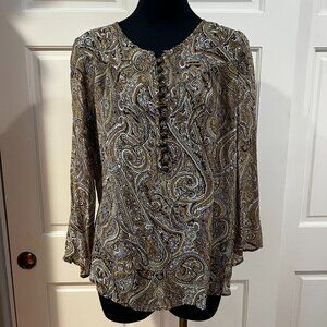 Wintersilks 100% Silk Paisley Long Sleeve Lightweight Flowy Blouse Metal Buttons